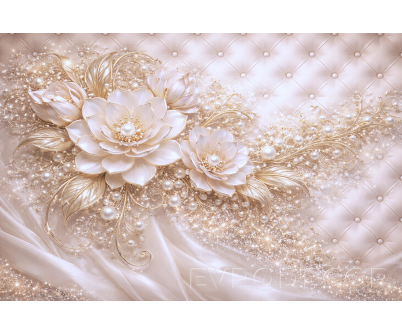 Луксозен фототапет с бели цветя, златни елементи и перли
