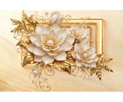 Луксозен фототапет със златна рамка, цветя и перли