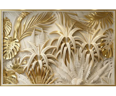 Луксозен фототапет пано със златни тропически листа и 3D релеф
