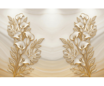 Луксозен фототапет със златни тропически листа и 3D релеф