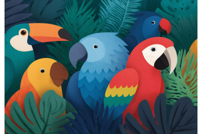 Фототапет Тропически папагали – илюстративен стил