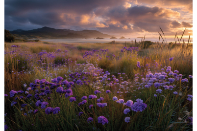 Фототапет Лилави цветя край морето – природен пейзаж