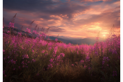Фототапет Планинско поле с диви цветя – залезен пейзаж