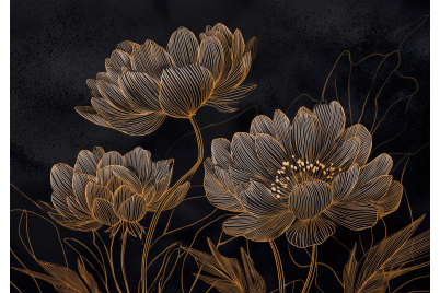 Фототапет Златни цветя върху тъмен фон – декоративна графика