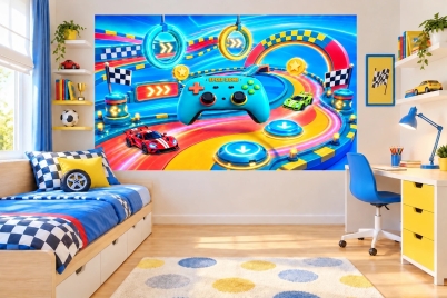 Фототапет SPEED ZONE геймърска писта с контролер и състезателни коли