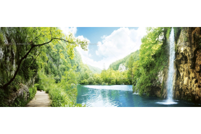 Фототапет панорама с водопад, езеро и горска пътека