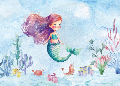 Детски Флис Фототапет  Water world Русалка акварел 2