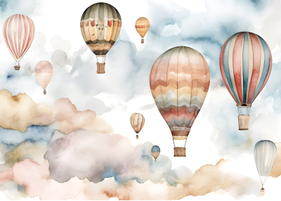 Фототапет Балони в небето над пастелни облаци за бебешка и детска стая