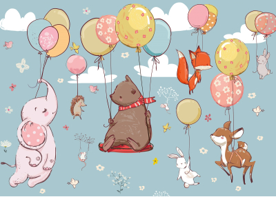 Фототапет Весели животни с балони за детска стая
