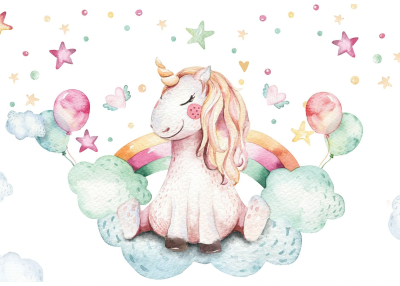 Детски Флис Фототапет UNICORN- Еднорогче и балончета