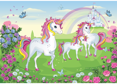 Детски Флис Фототапет UNICORN- Еднорози и дъга в градината