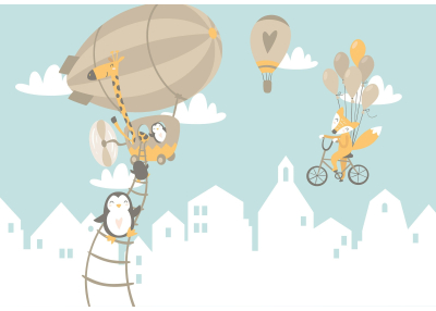 Фототапет Животни с балон над град за детска стая