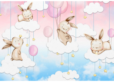 Фототапет Сладки зайчета в облаци с балони за бебешка и детска стая