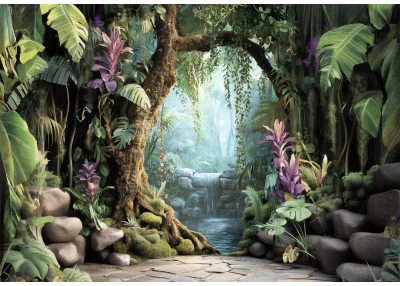 Флис Фототапет Горски кът с водопад,  акварел