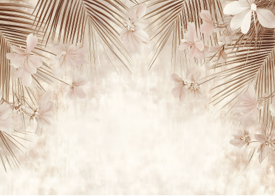 Флис Фототапет Палмови листа и нежни цветове, розово какао, капучино и бежова перла