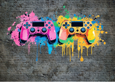 Фототапет Цветни геймърски контролери върху тухлена стена – графити стил