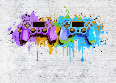 Фототапет Цветни геймърски контролери върху тухлена стена – графити стил