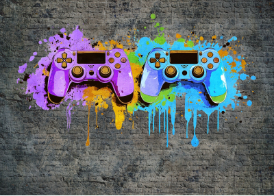 Фототапет Цветни геймърски контролери върху тухлена стена – графити стил
