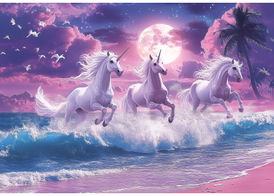 Детски Флис Фототапет UNICORN- Еднорози препускат по брега в лунна нощ Детски Флис Фототапет UNICORN- Еднорози препускат по брега в лунна нощ