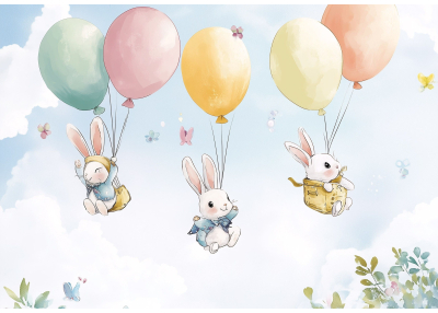 Фототапет Зайчета с балони в небето за бебешка и детска стая