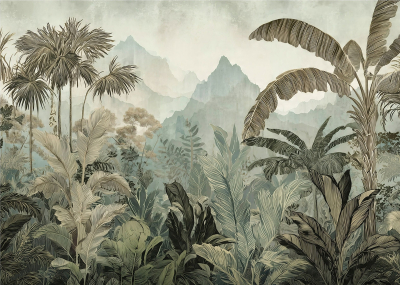 Флис Фототапет Цветя, листа, гора, тропически, рисувани, винтидж стил