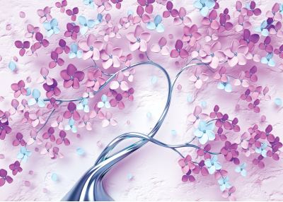 Фототапет Дървото на живота, розово-сини цветчета, сребърно стъбло