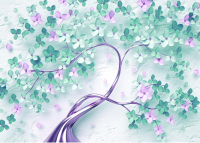 Флис Фототапет Дървото на живота, зелено-лилави цветчета, лилав металик