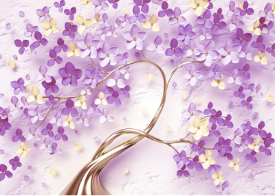 Флис Фототапет Дървото на живота, лилави цветчета, златно стъбло