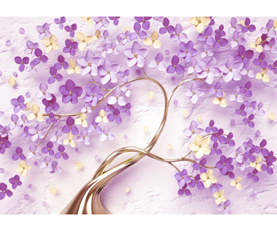 Фототапет Дървото на живота, лилави цветчета, златно стъбло