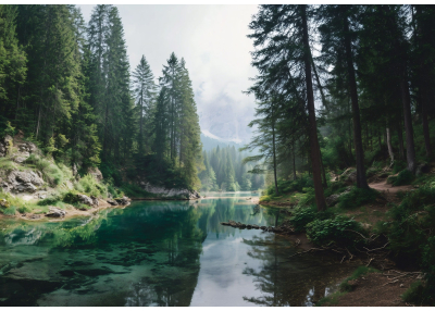 Флис Фототапет Живописно езеро със спокойни води и гъстата гора по бреговете 